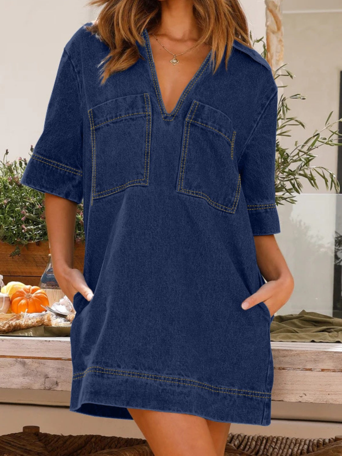 Johnny Collar Half Sleeve Denim Mini Dress