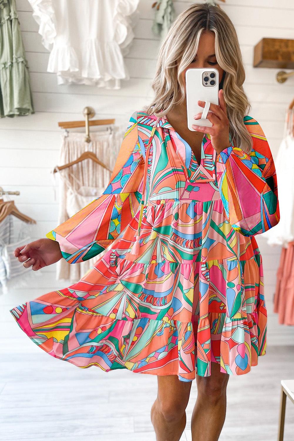 Multicolored Long Sleeve Tie Neck Tiered Mini Dress - Dresses