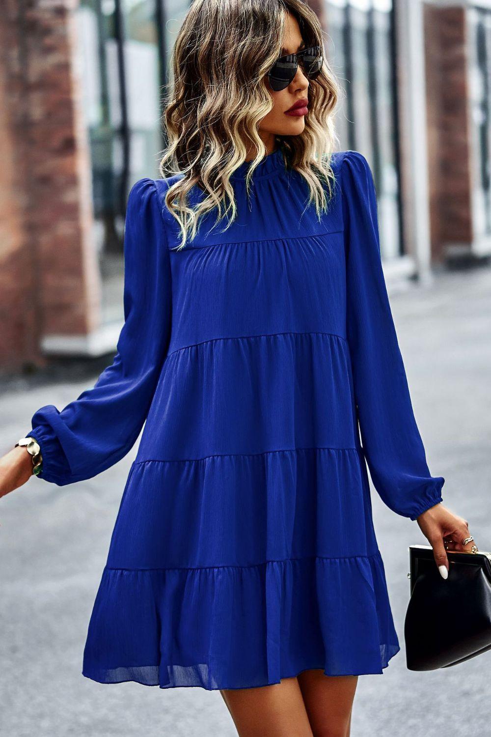 Tied Ruffle Collar Long Puff Sleeve Mini Dress - Dresses