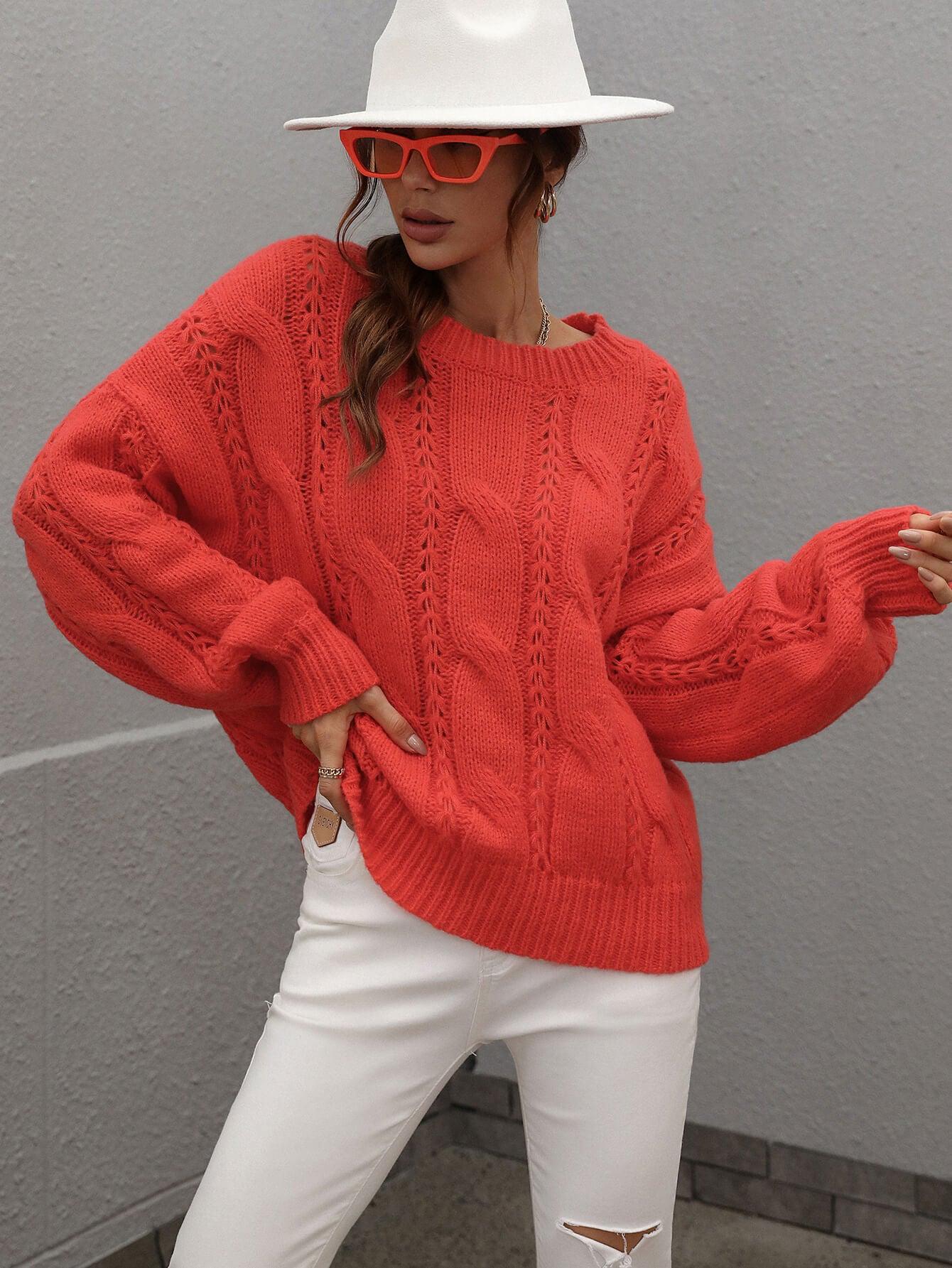 Woven Right Cable-Knit Openwork Round Neck Sweater - Sweater