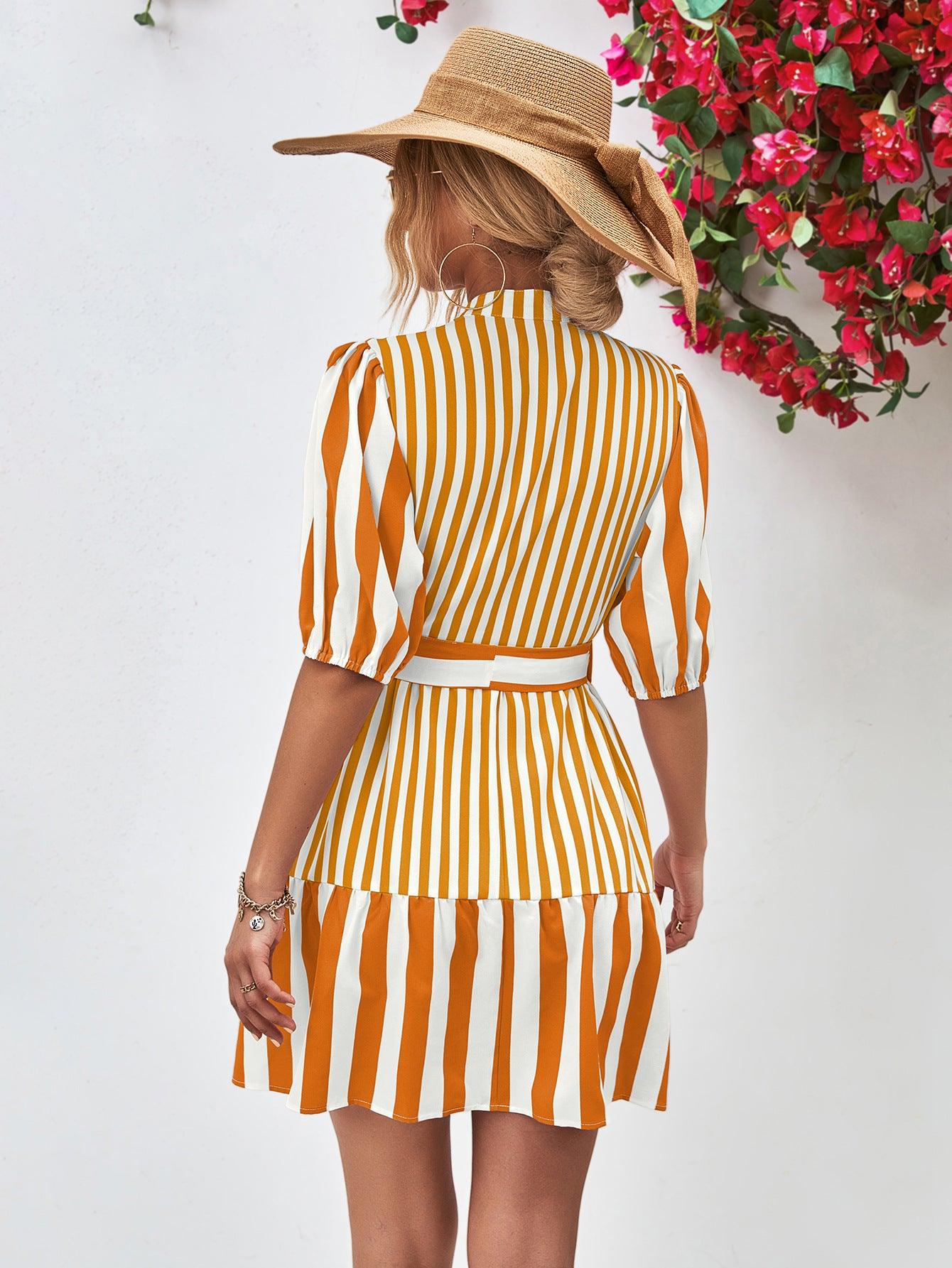 Striped Half Sleeve Tie Waist Mini Dress - Dresses