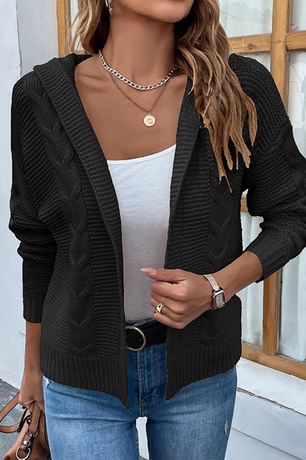 Cable-Knit Dropped Shoulder Hooded Cardigan - Cardigan