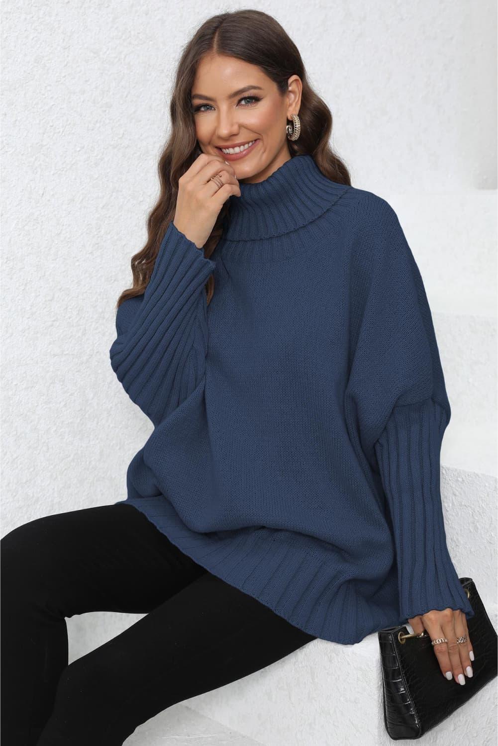 Turtle Neck Long Sleeve Ribbed Sweater - Sweater