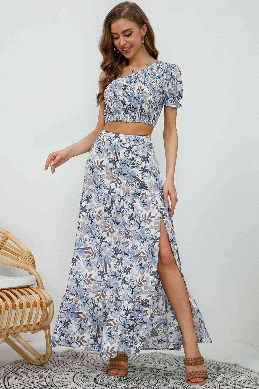 One Shoulder Cropped Top and Split Skirt Set