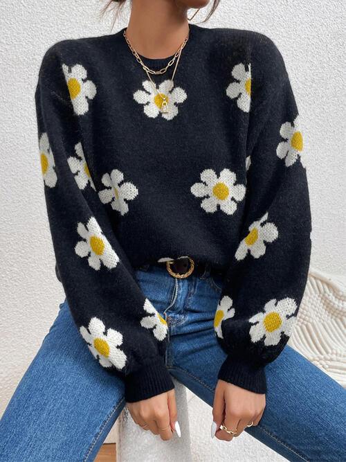 Flower Round Neck Latern Sleeve Sweater - Sweater