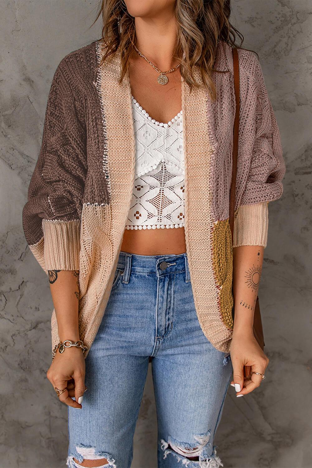 Woven Right Color Block Cable-Knit Batwing Sleeve Cardigan - Cardigan