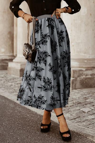 Floral Embroidered High Waist Chiffon Midi Skirt - Skirt