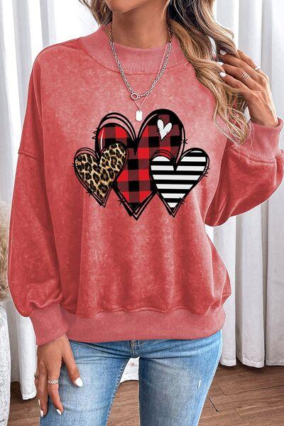 Heart Round Neck Dropped Shoulder Sweatshirt - Sweatshirt