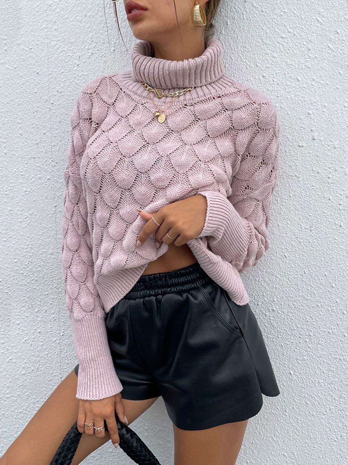 Turtle Neck Ribbed Trim Long Sleeve Knit Sweater - Sweater