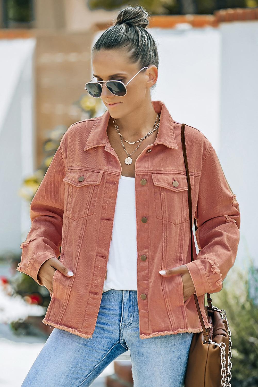 Distressed Raw Hem Denim Jacket - Jacket