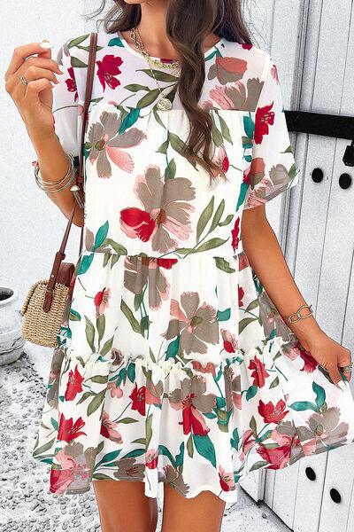 Floral Tiered Round Neck Mini Dress - Dresses