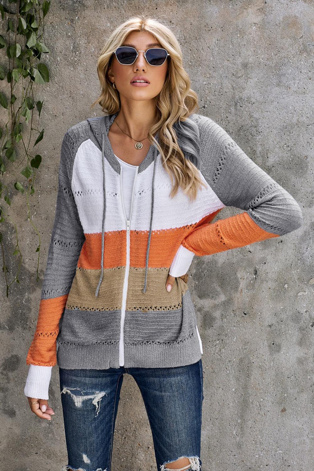 Color Block Zip-Up Openwork Hooded Cardigan - Cardigan