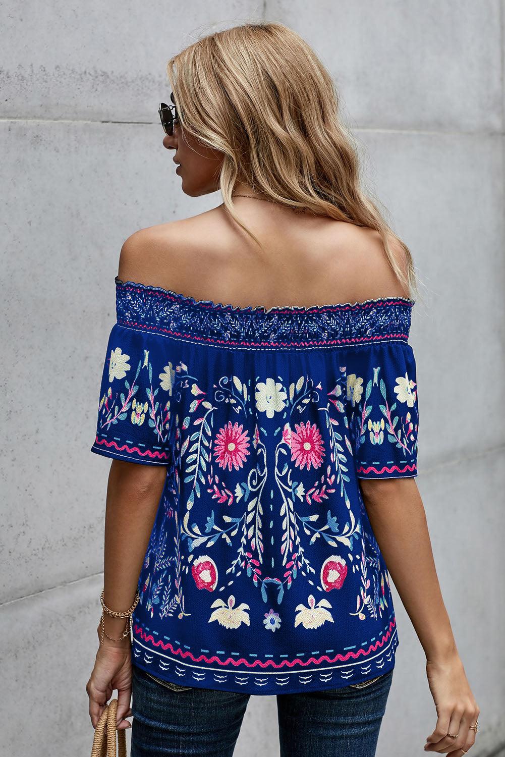 Floral Smocked Half Sleeve Off-Shoulder Top - Top