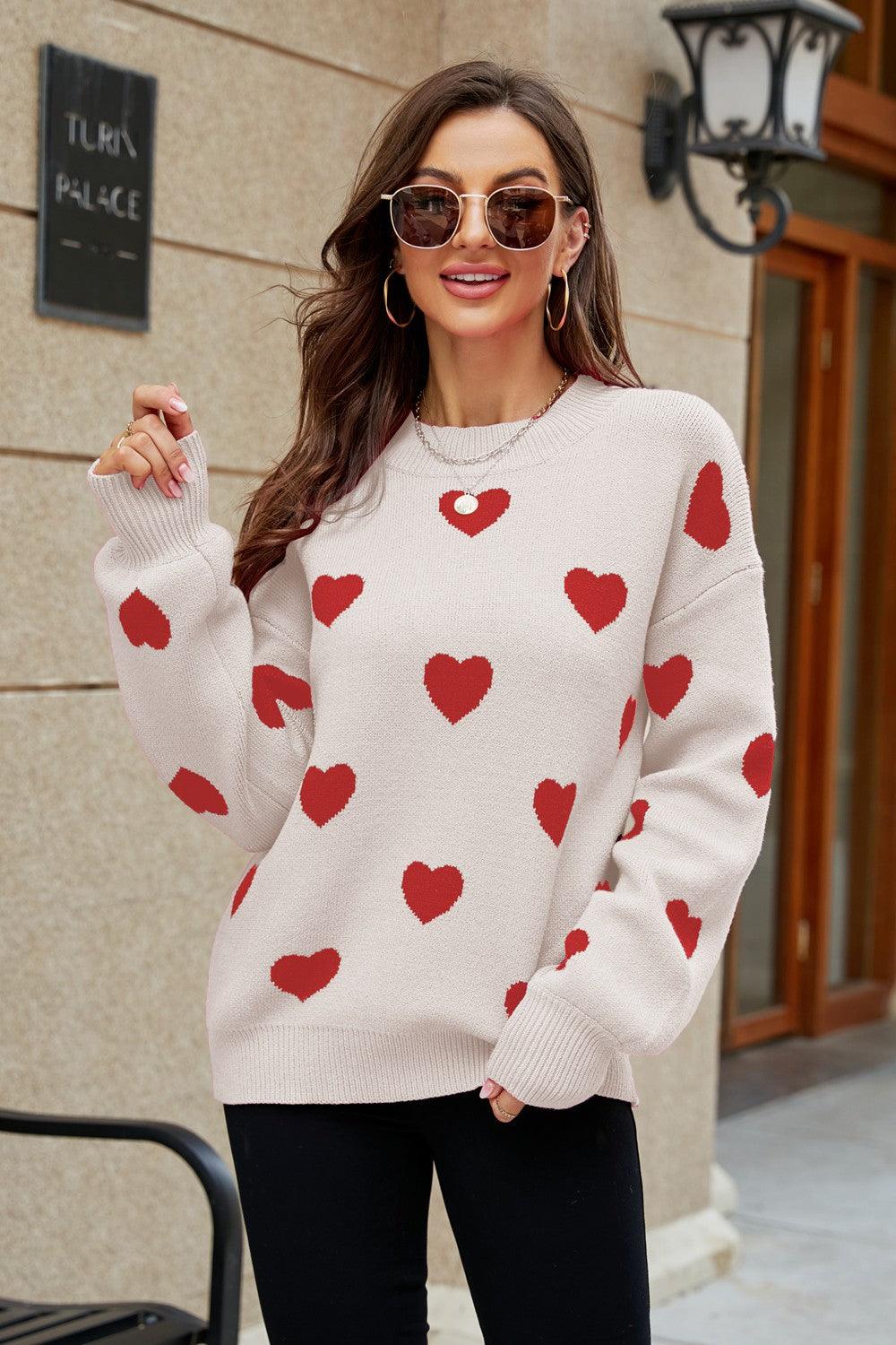 Woven Right Heart Pattern Lantern Sleeve Tunic Sweater - Sweater