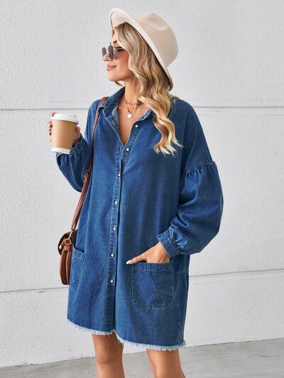 Button Up Pocketed Raw Hem Denim Dress - Dresses