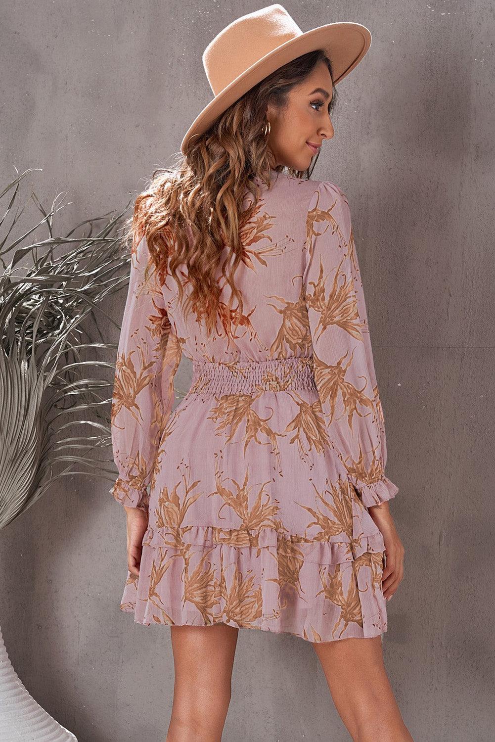 Floral Deep V-Neck Flounce Long Sleeve Tiered Mini Dress - Dresses