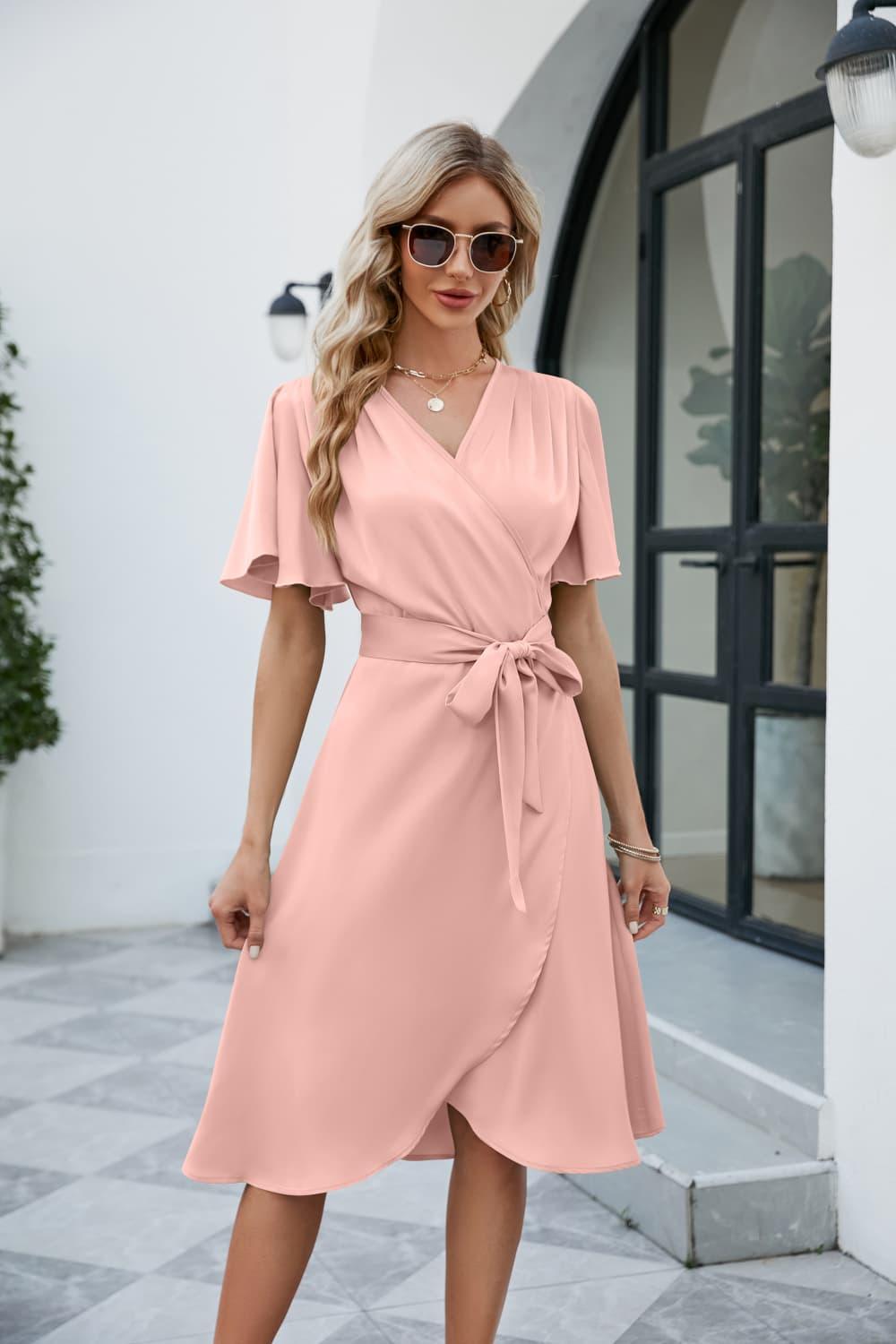 Tie Waist Flutter Sleeve Surplice Knee-Length Wrap Dress - Dresses