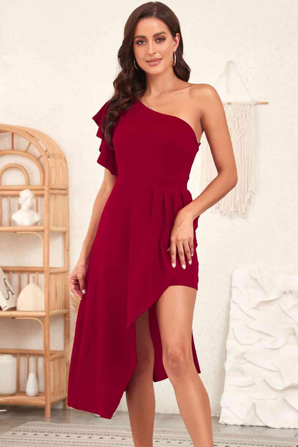 One-Shoulder Flutter Sleeve Asymmetrical Dress - Dresses