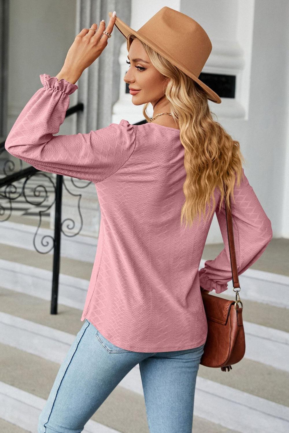 Round Neck Long Flounce Sleeve Top - Top