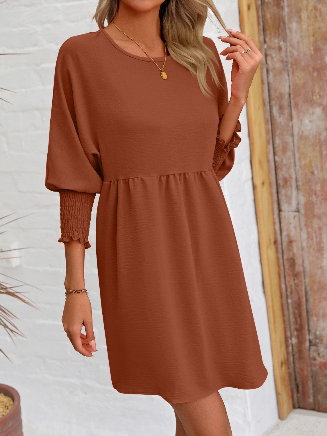 Round Neck Long Lantern Sleeve Mini Dress