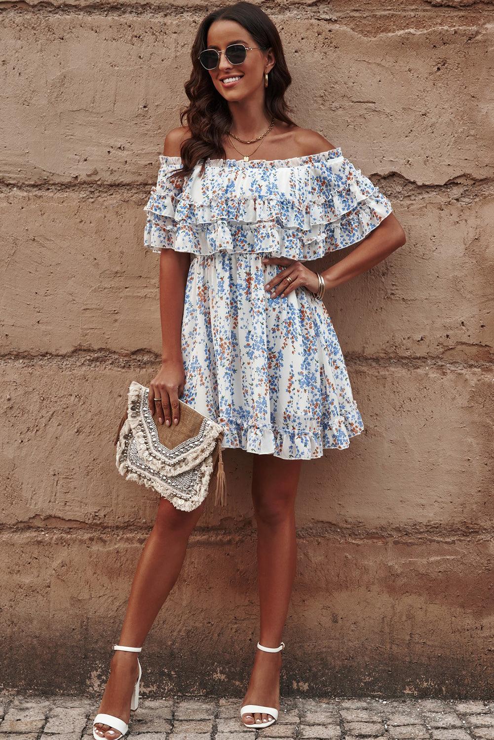 Floral Off-Shoulder Ruffle Hem Mini Dress - Dresses