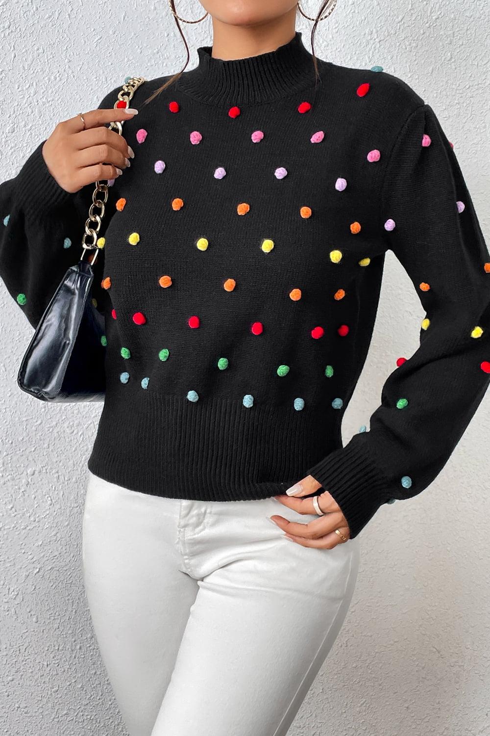 Pom-Pom Trim Mock Neck Long Sleeve Pullover Sweater - Sweater