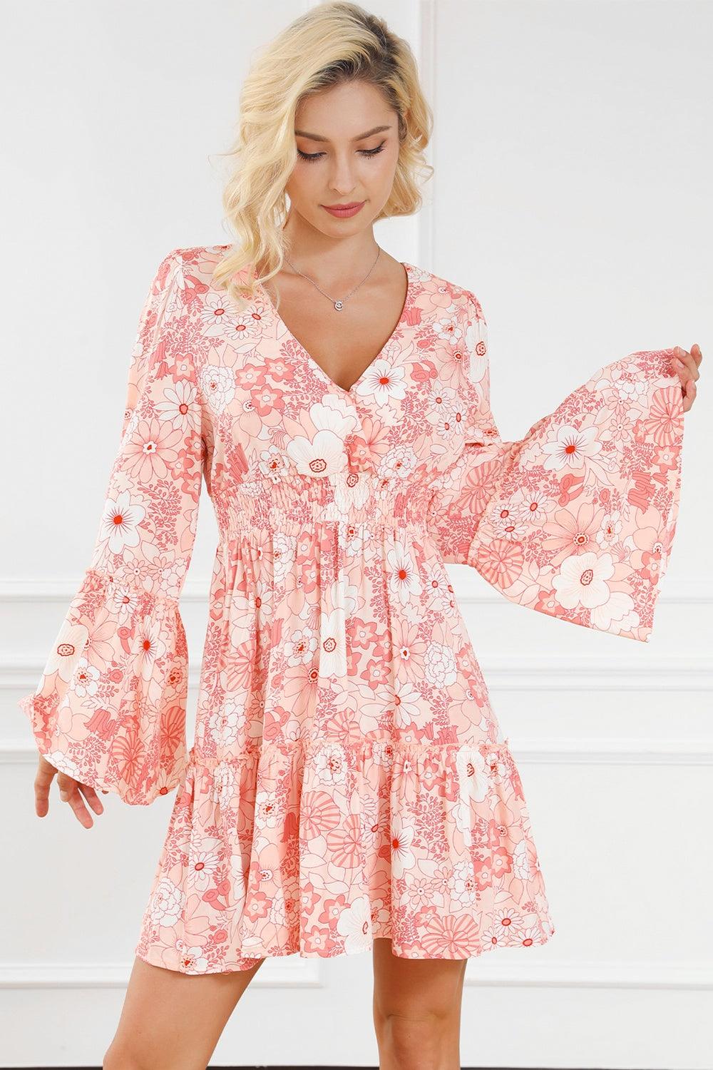 Smocked Floral Flare Sleeve Mini Dress - Dresses