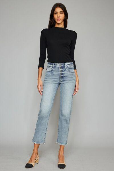 Kancan High Waist Raw Hem Cropped Straight Jeans - Jeans