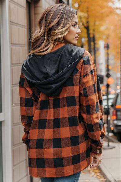 Plaid Button Up Drawstring Hooded Shacket - Jacket