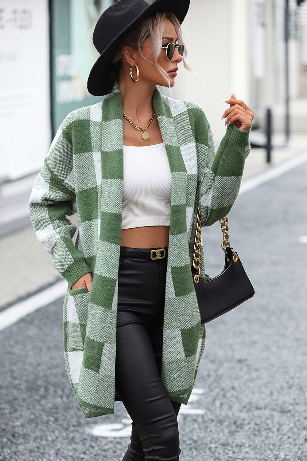 Checkered Open Front Longline Cardigan - Cardigan