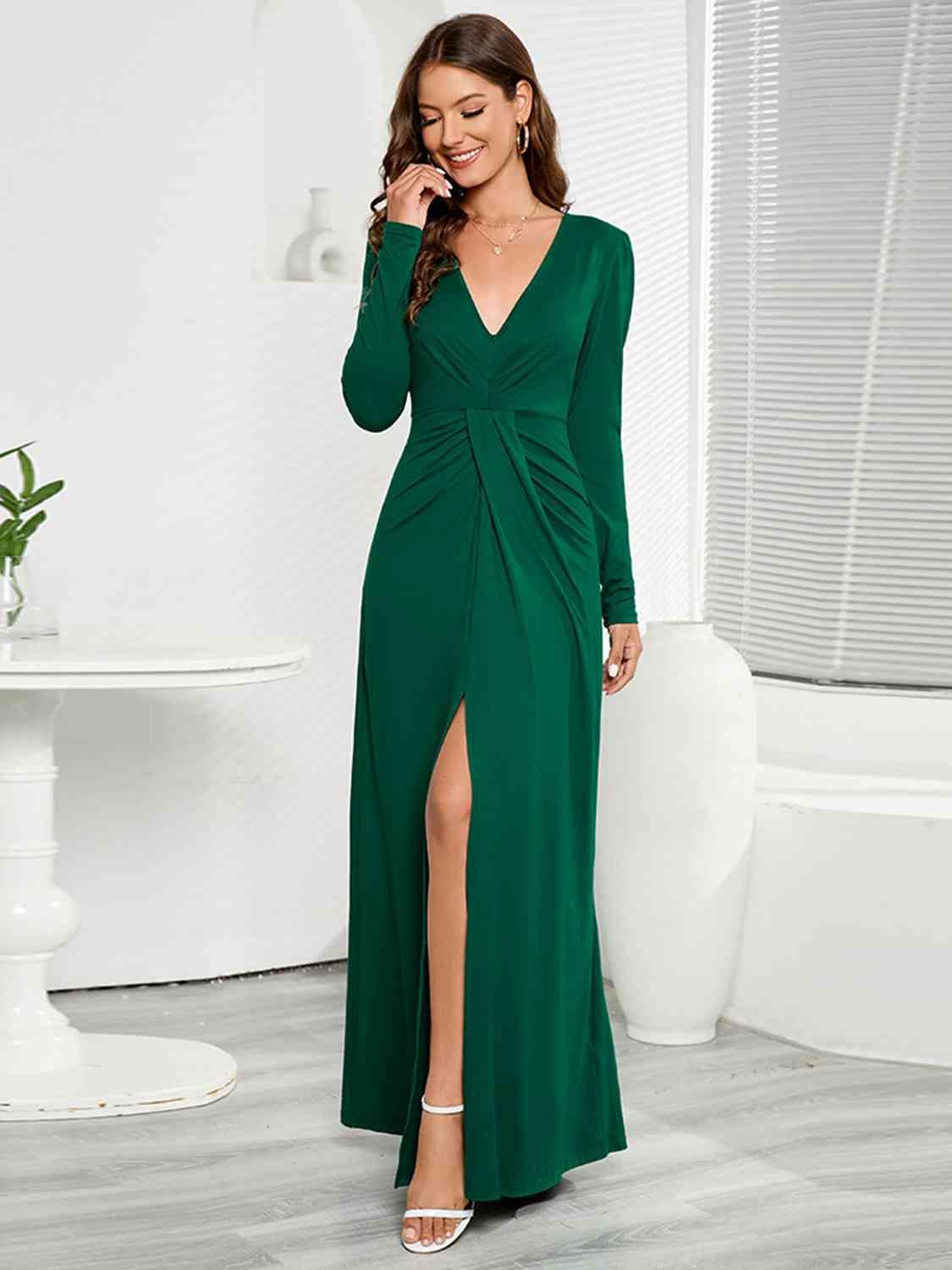 V-Neck Long Sleeve Split Dress - Dresses