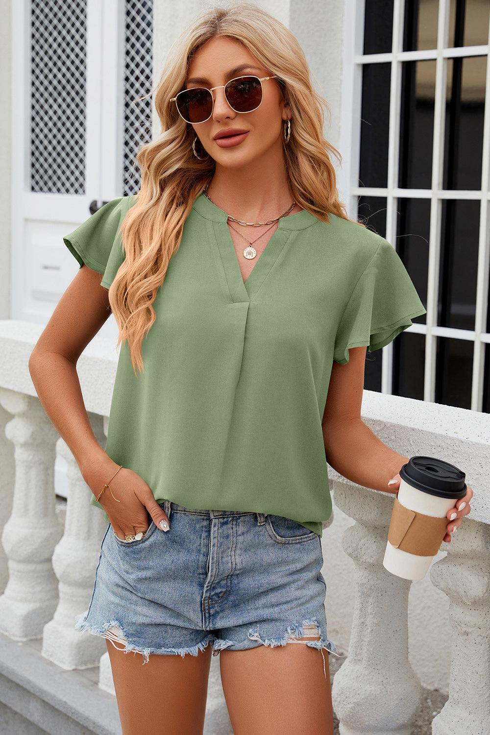 Notched Cap Sleeve Top - Top