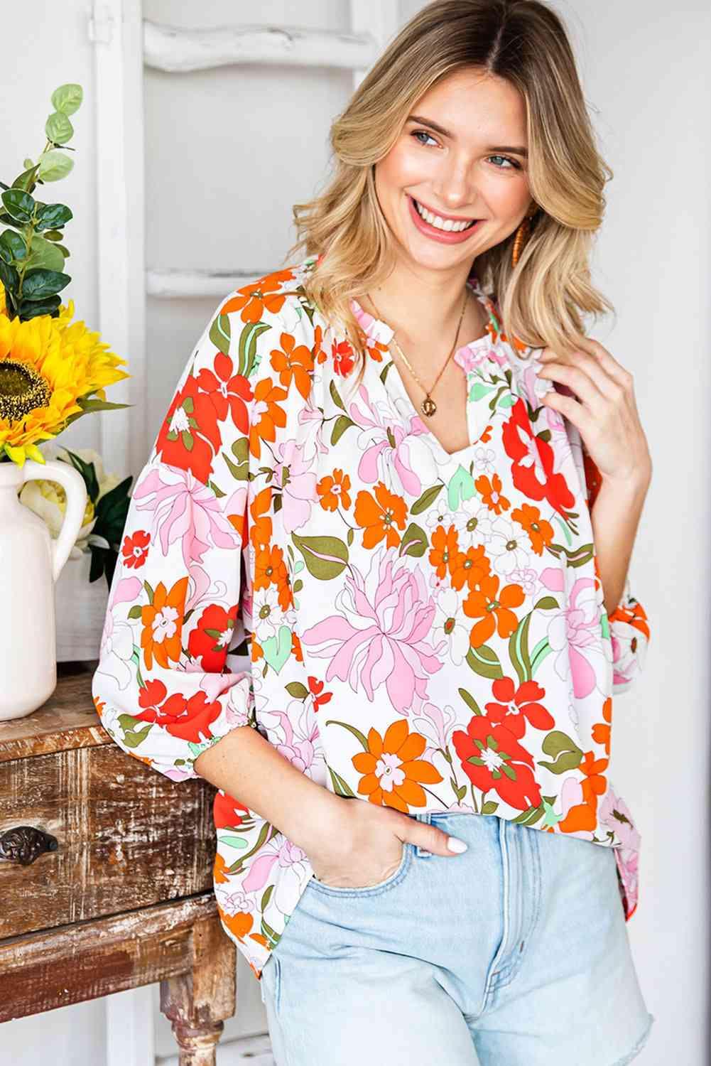 Floral Notched Neck Balloon Sleeve Blouse - Blouse