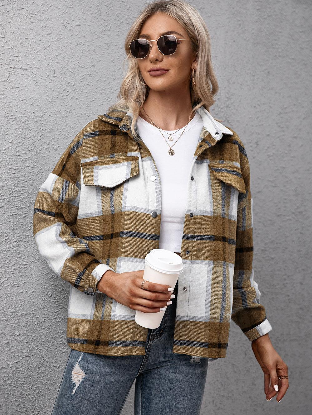 Plaid Long Sleeve Shirt Jacket - Jacket