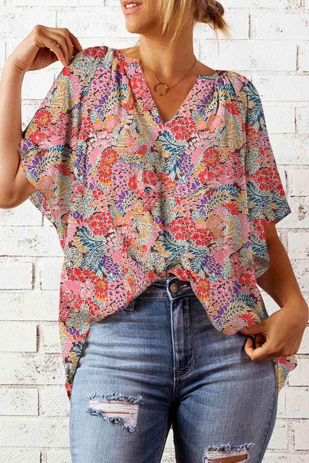 Floral Notched Neck Flutter Sleeve Blouse - Blouse