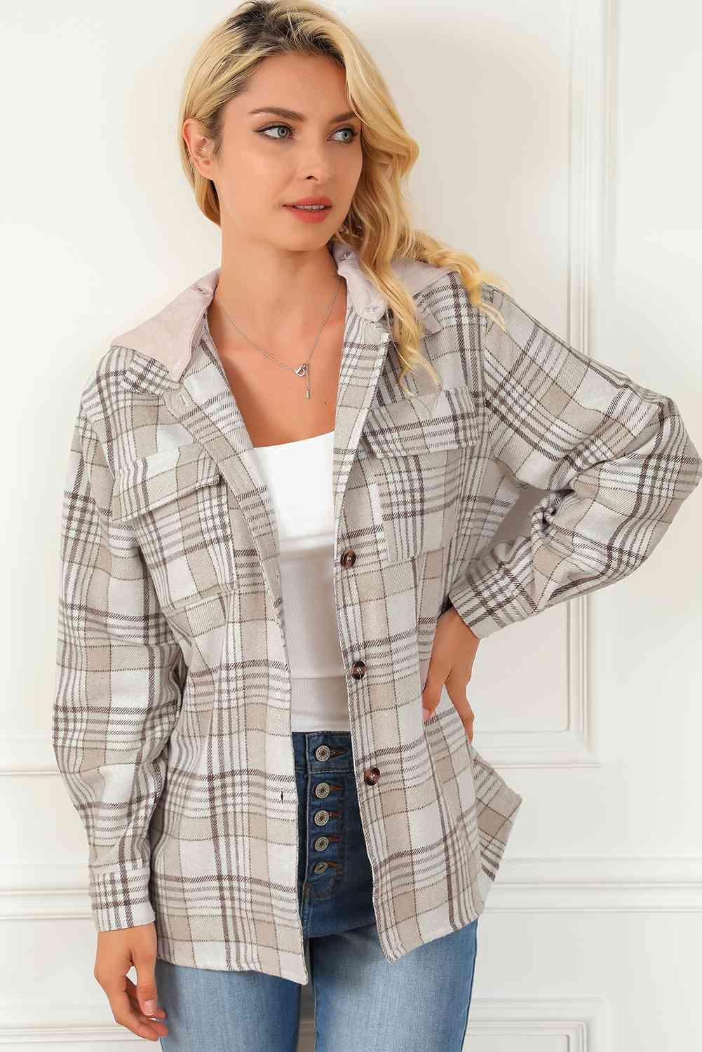 Plaid Button Down Hooded Shacket - Jacket