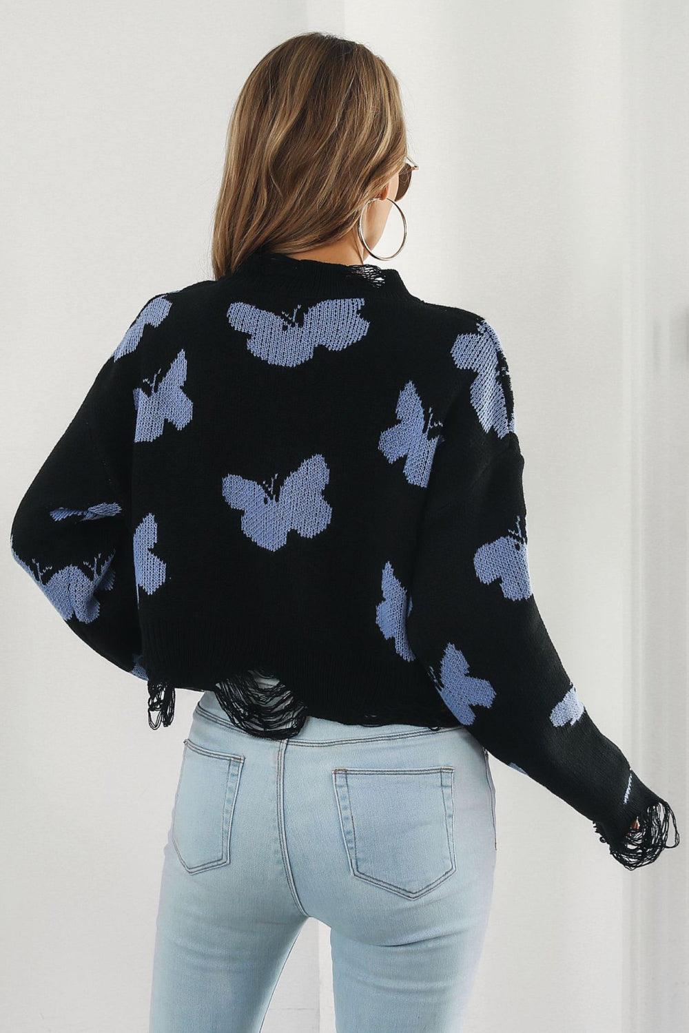 Butterfly Cropped Distressed Ribbed Sweater - Sweater