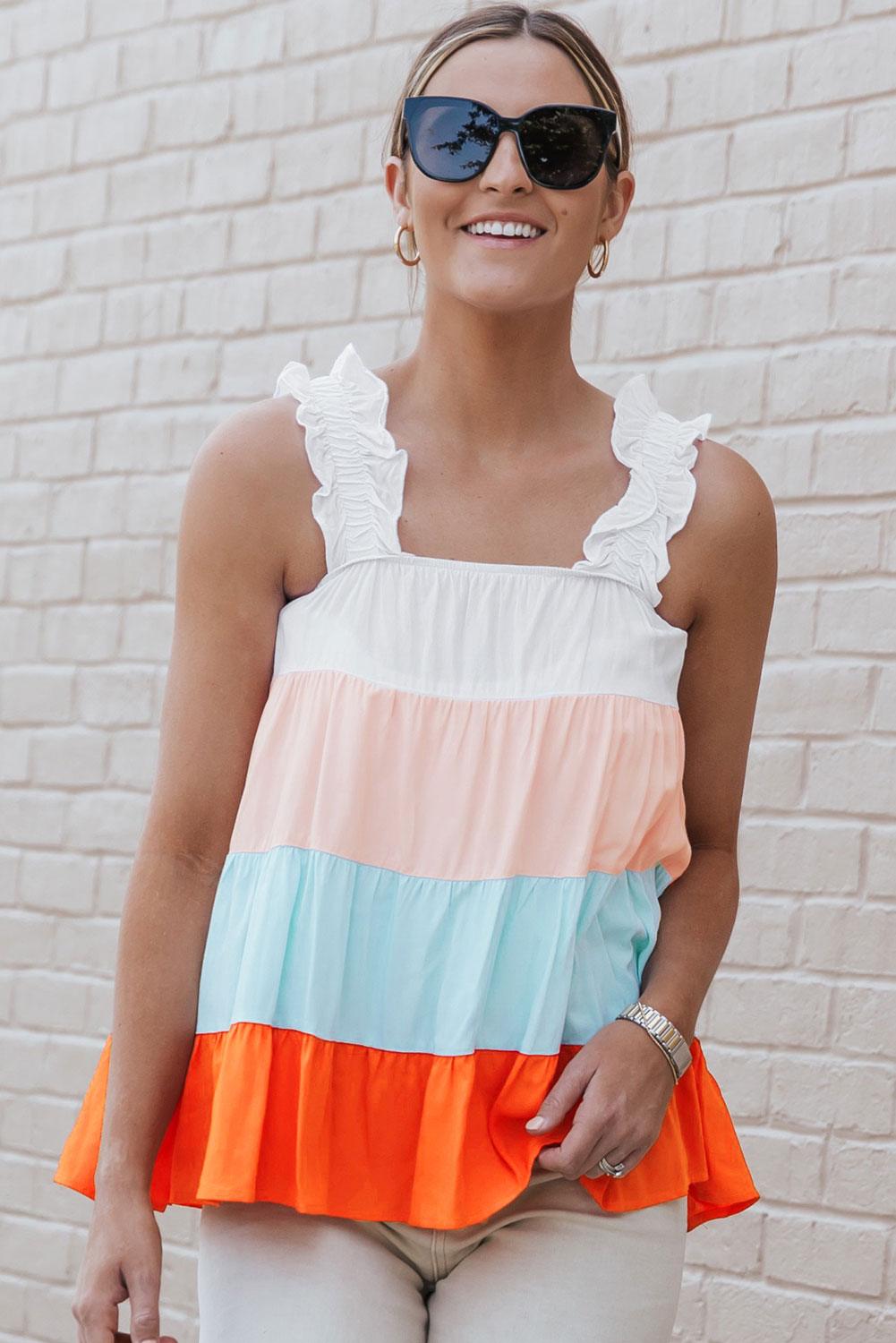 Color Block Ruffle Strap Tank Top - Tank