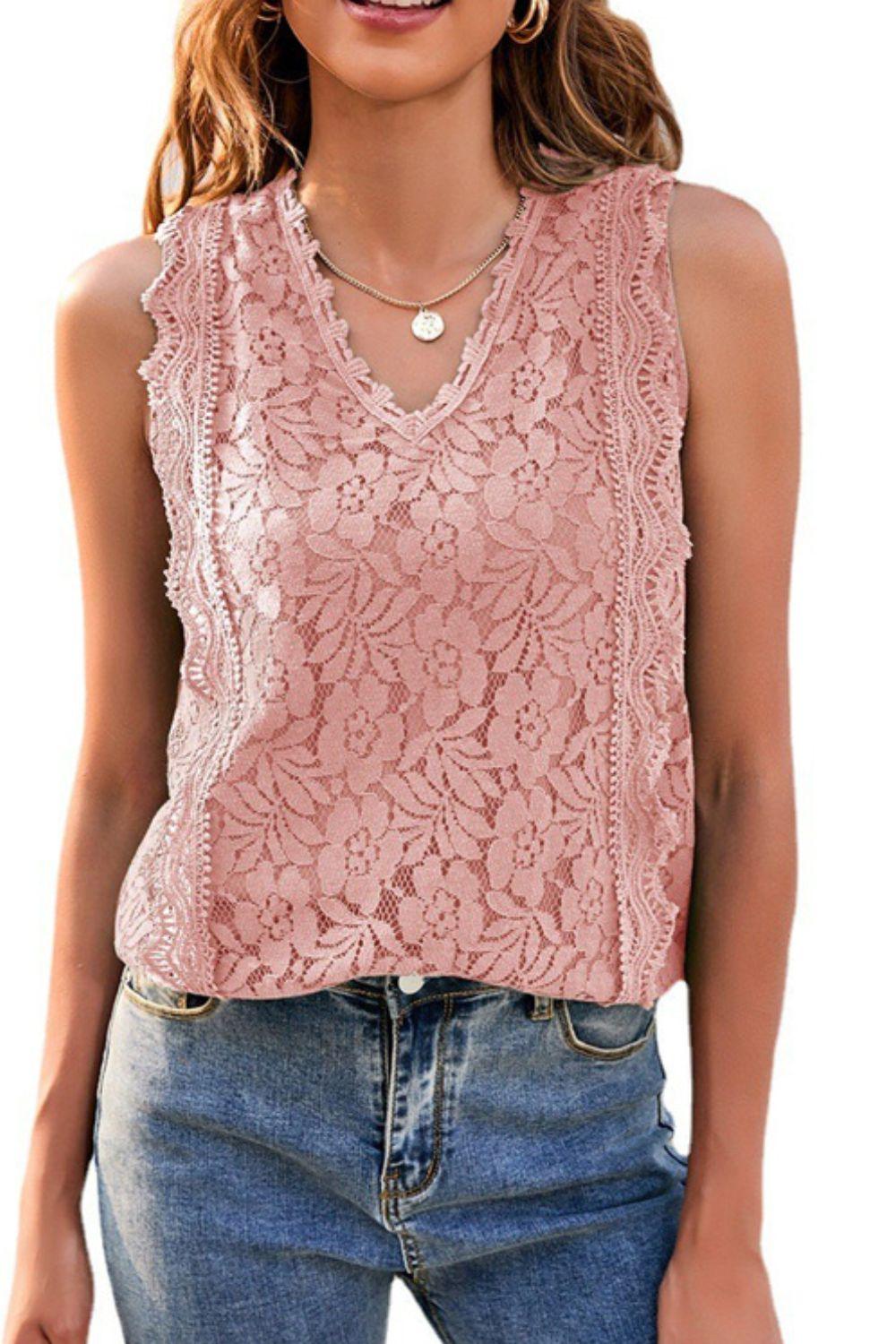 Lace V-Neck Lined Sleeveless Tank Top - Tank