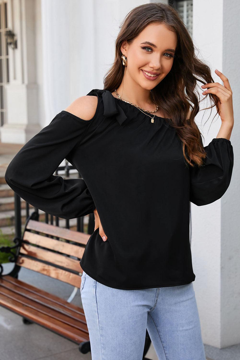 Double Take Tied Asymmetrical Neck Cold-Shoulder Top - Top