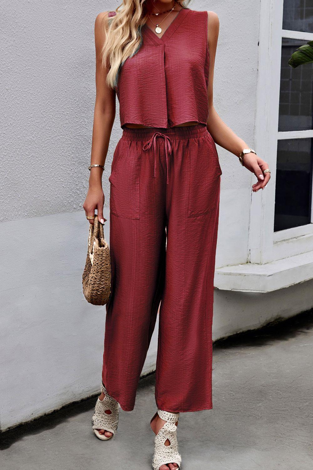 V-Neck Tank and Drawstring High Waist Pants Set - Pant & Top