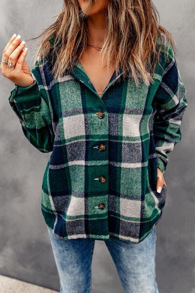 Button Up Plaid Hooded Shacket - Jacket