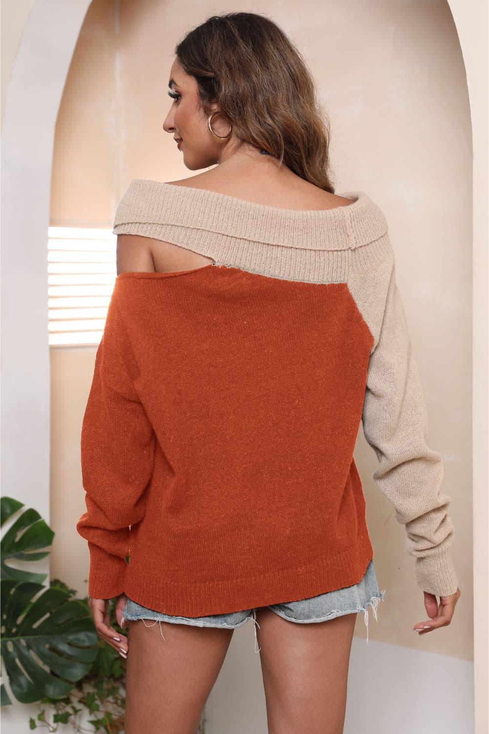 Asymmetrical Long Sleeve Two-Tone Cutout Sweater - Sweater