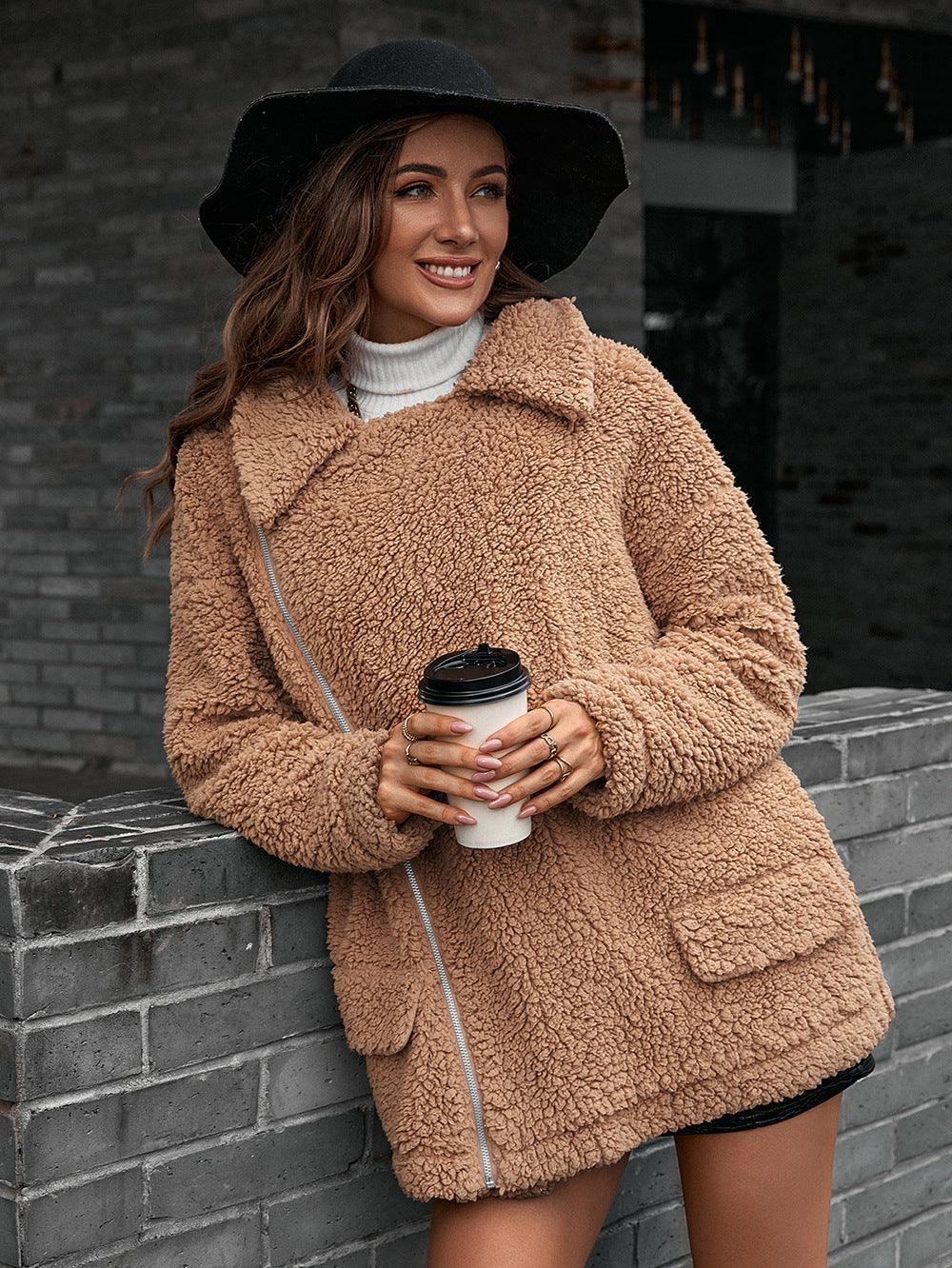 Double Take Zip-Up Collared Teddy Bear Coat - Coat