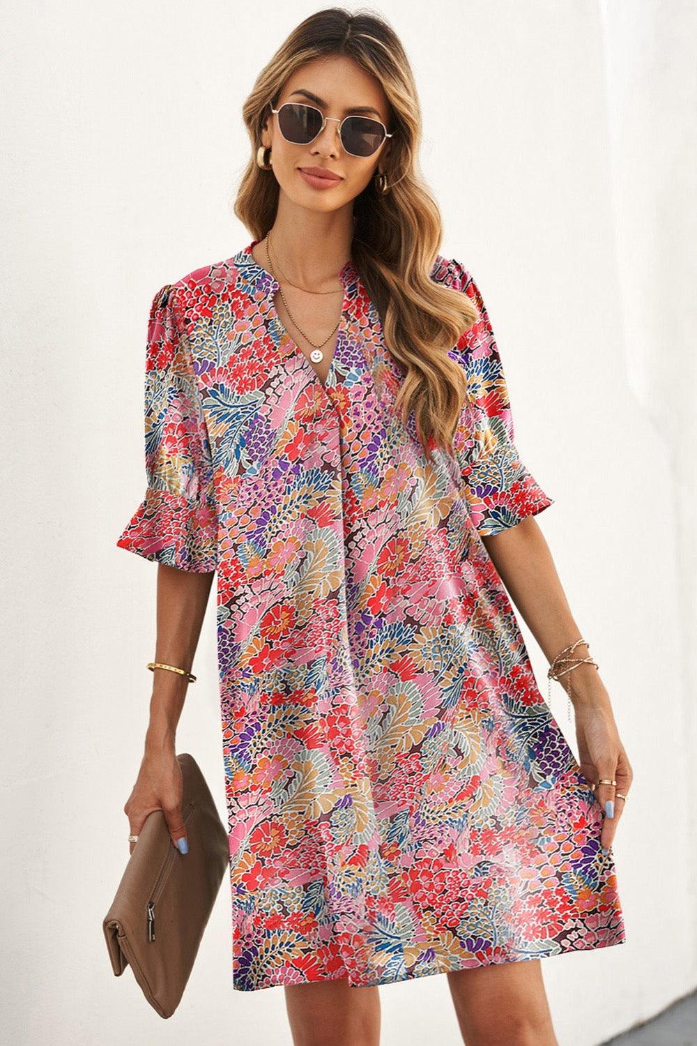 Floral Notched Neck Puff Flounce Sleeve Shift Dress - Dresses