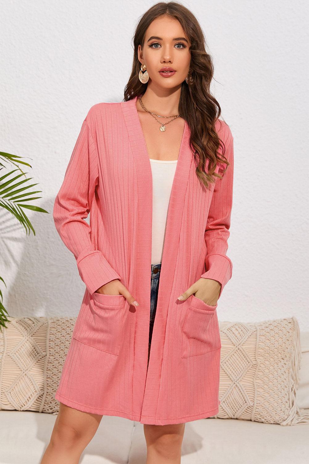 Open Front Longline Cardigan with Pockets - Cardigan