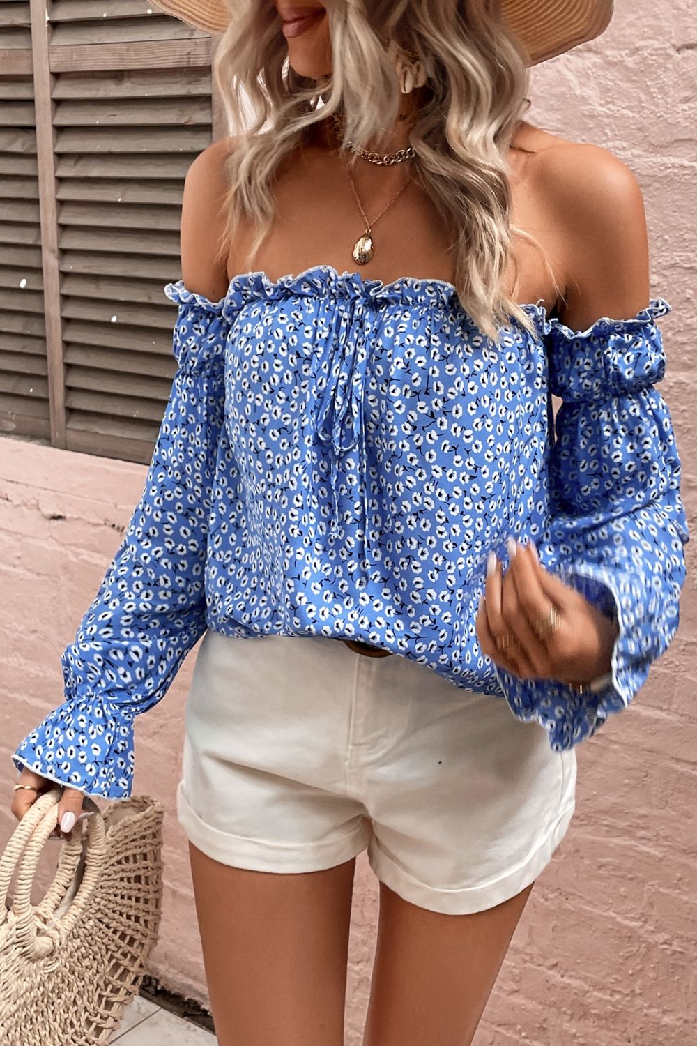 Floral Off Shoulder Frill Trim Top