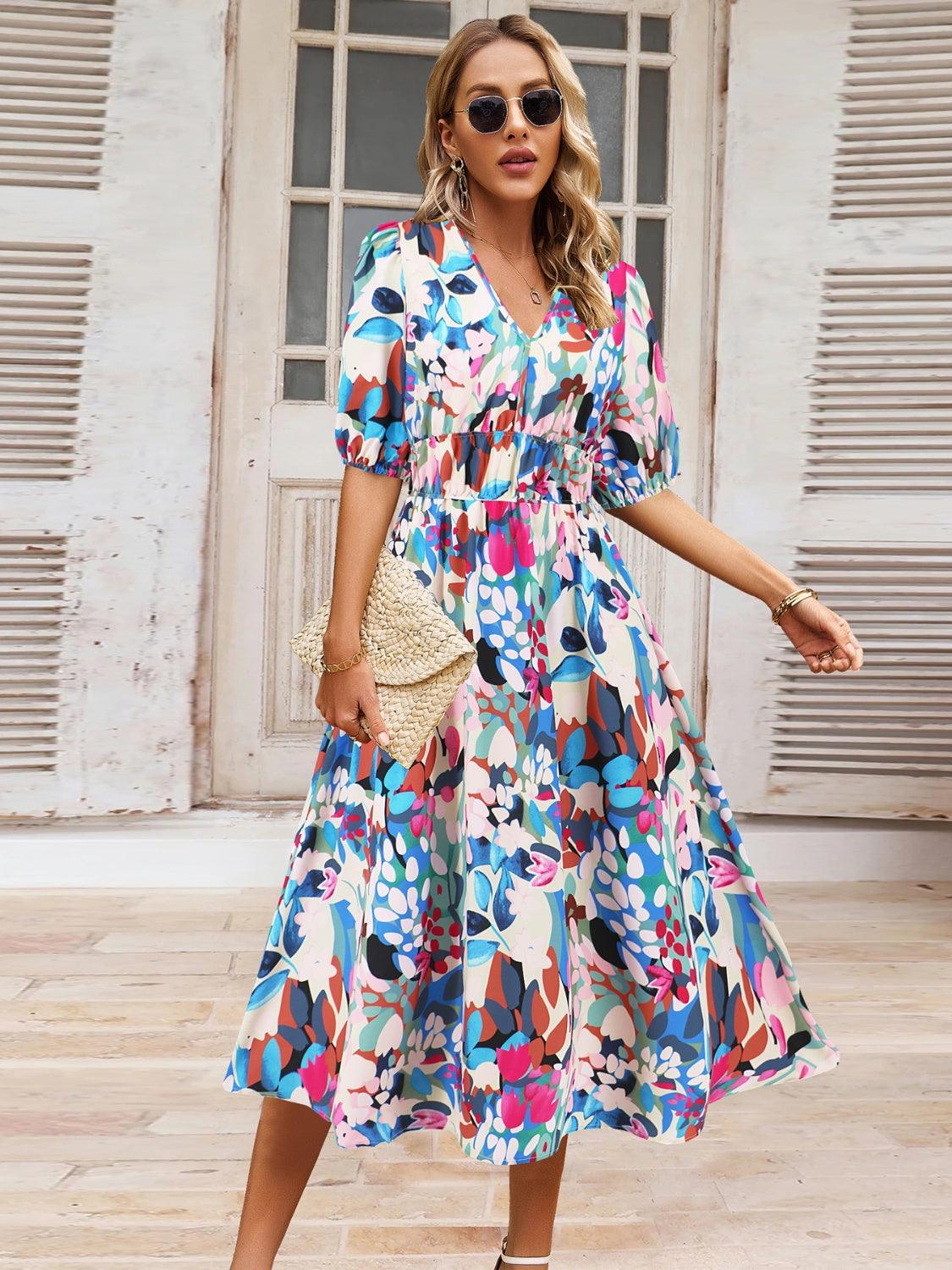 Ruched Floral Surplice Midi Dress - Dresses