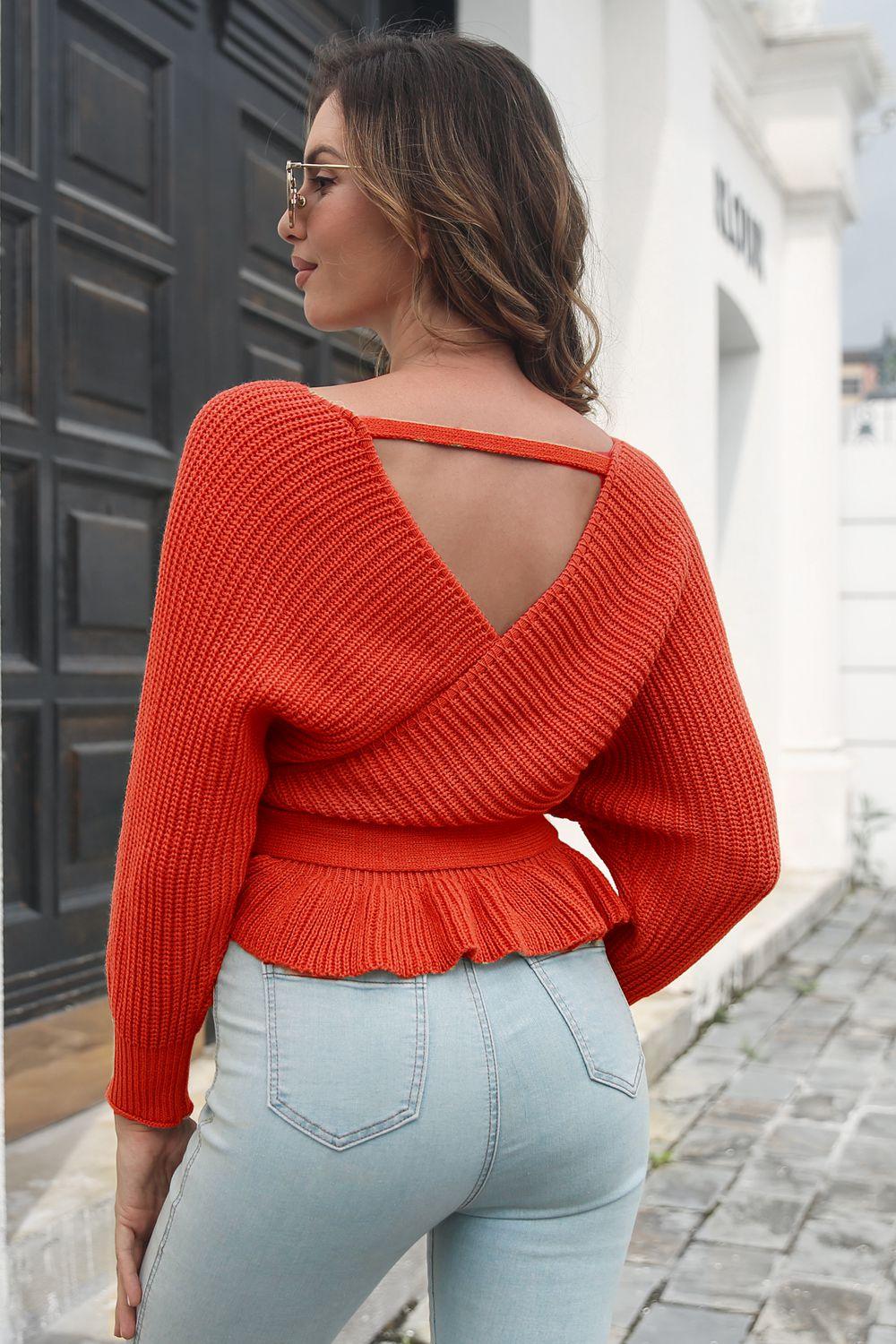 Tie Waist Ruffle Hem Sweater - Sweater