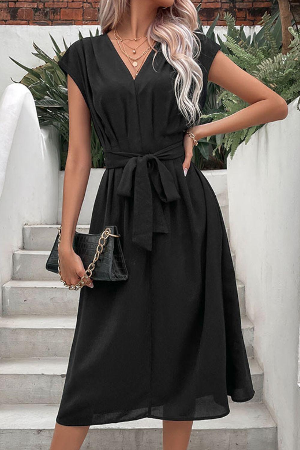 Tie Belt V-Neck Pleated Midi Dress - Dresses